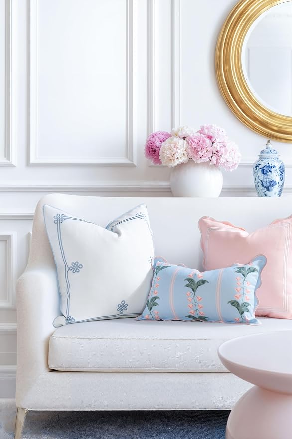 Hofdeco Grandmillennial Blue Trellis & Pink Bow Outdoor Pillow Covers (Set of 2)