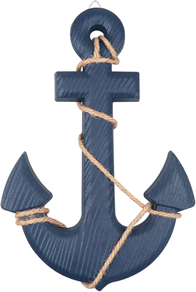 13" Nautical Wooden Anchor with Jute Rope Wall Decor — Blue