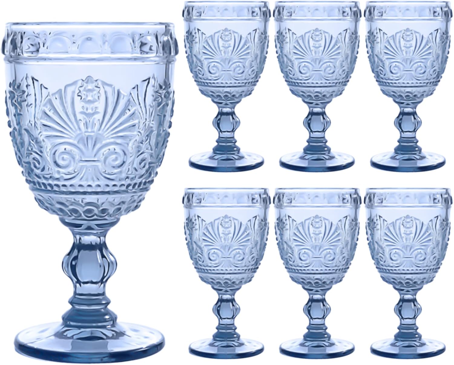 Vintage Embossed Blue Wine Goblets (Set of 6)