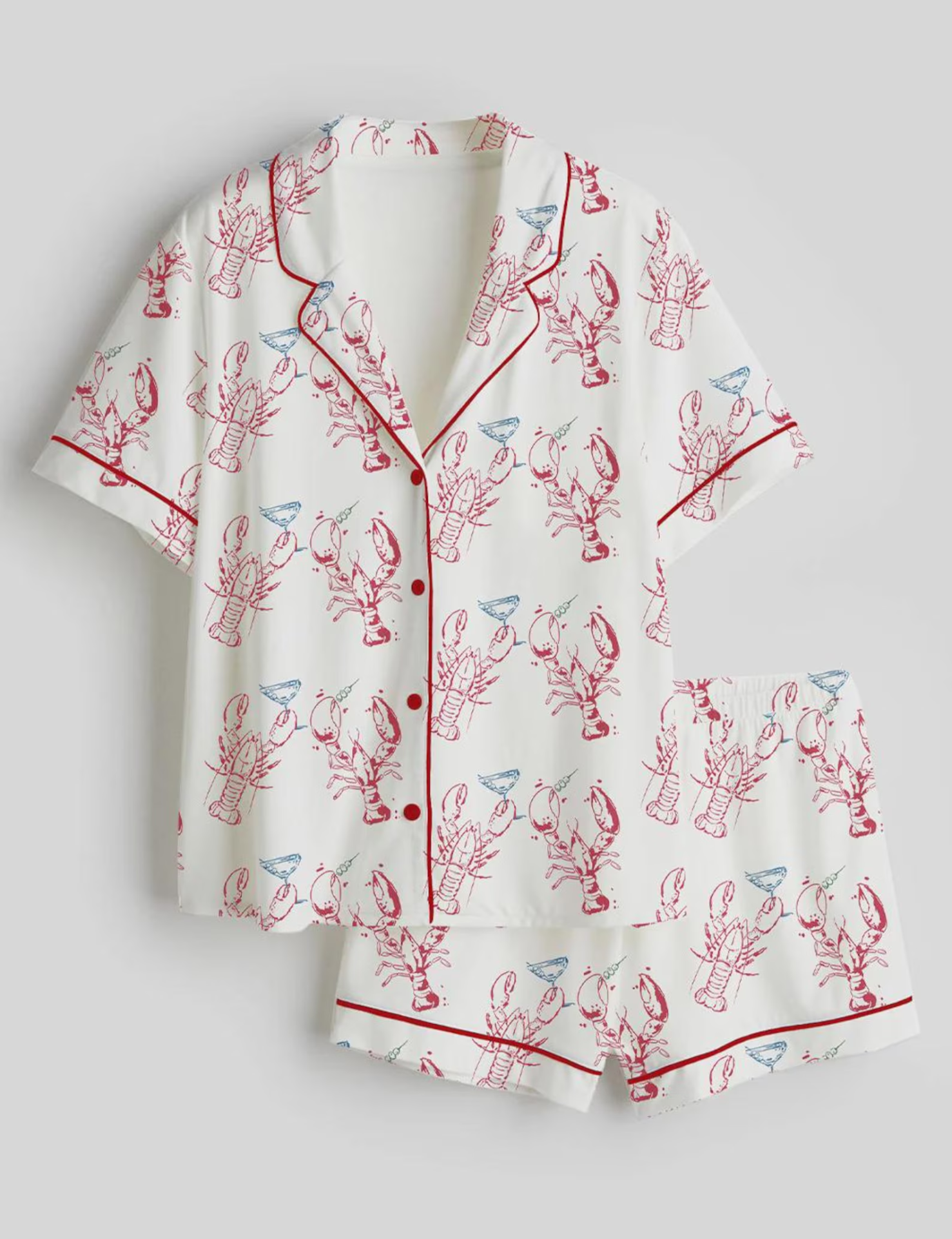 Coastal Lobster Satin Short Pajama Set — Ivory & Red