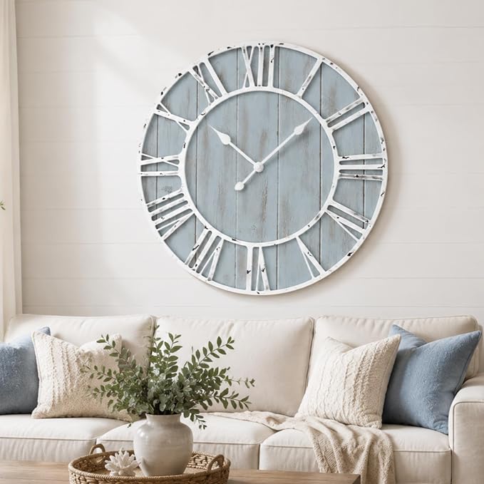 Quelay 30" Blue Farmhouse Vintage Wooden Coastal Wall Clock