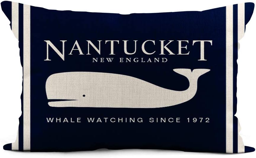 Nantucket Whale Navy & White Stripe Lumbar Pillow Cover (12" x 20")