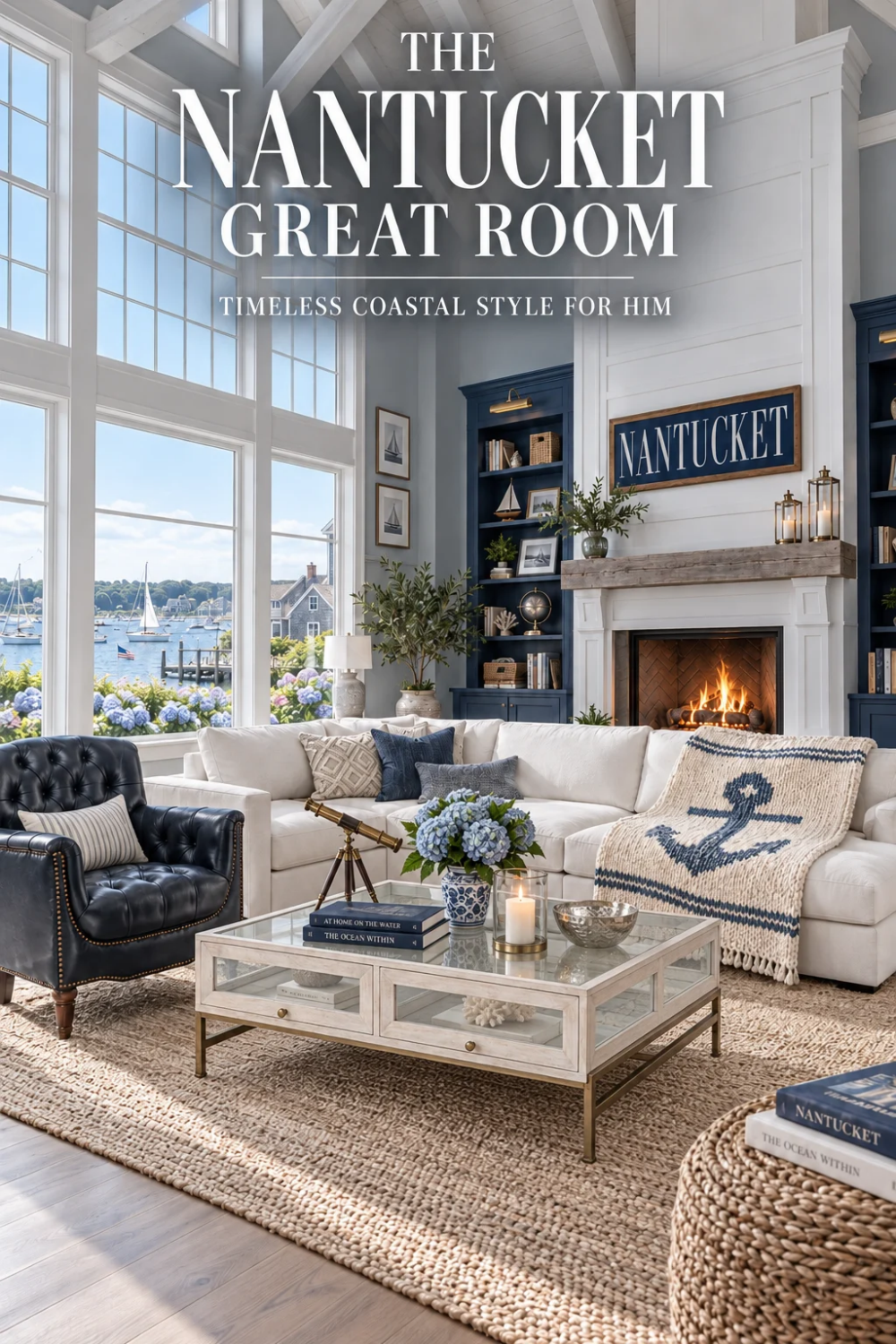 Masculine Nantucket great room with an ivory sectional, navy tufted leather chair, glass display coffee table, natural rug, anchor throw, brass telescope, blue hydrangeas and harbor views.