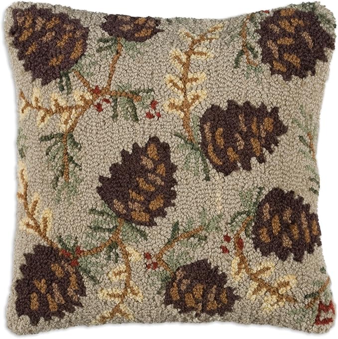 Chandler 4 Corners Northwoods Cones Hand-Hooked Wool Pillow (18" Square)