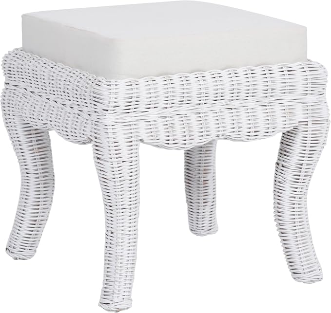 JONATHAN Y Rowan Coastal Woven Rattan Vanity Stool — White Distressed