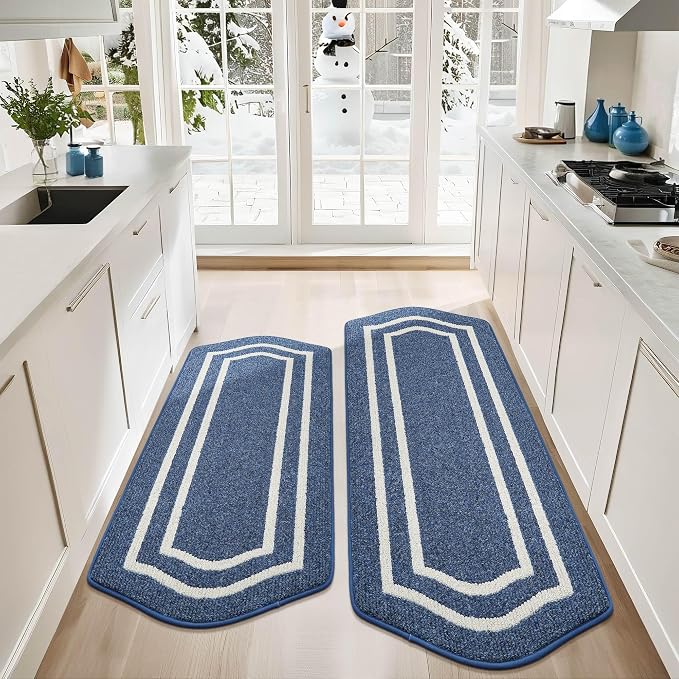 COSY HOMEER Blue & White Border Kitchen Mat Set (2-Piece, Non-Slip)