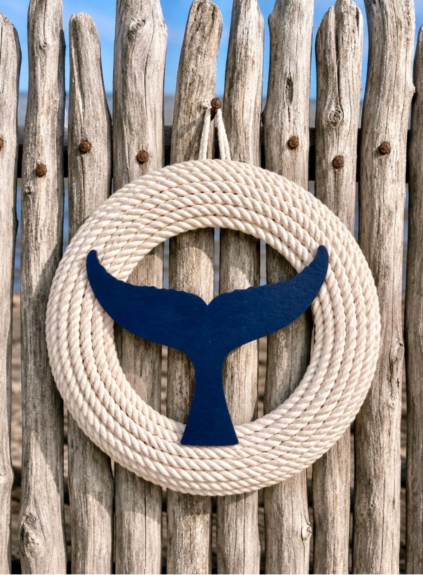 16" Whale Tail Nautical Rope Wreath — Navy & Cream Front Door Wreath