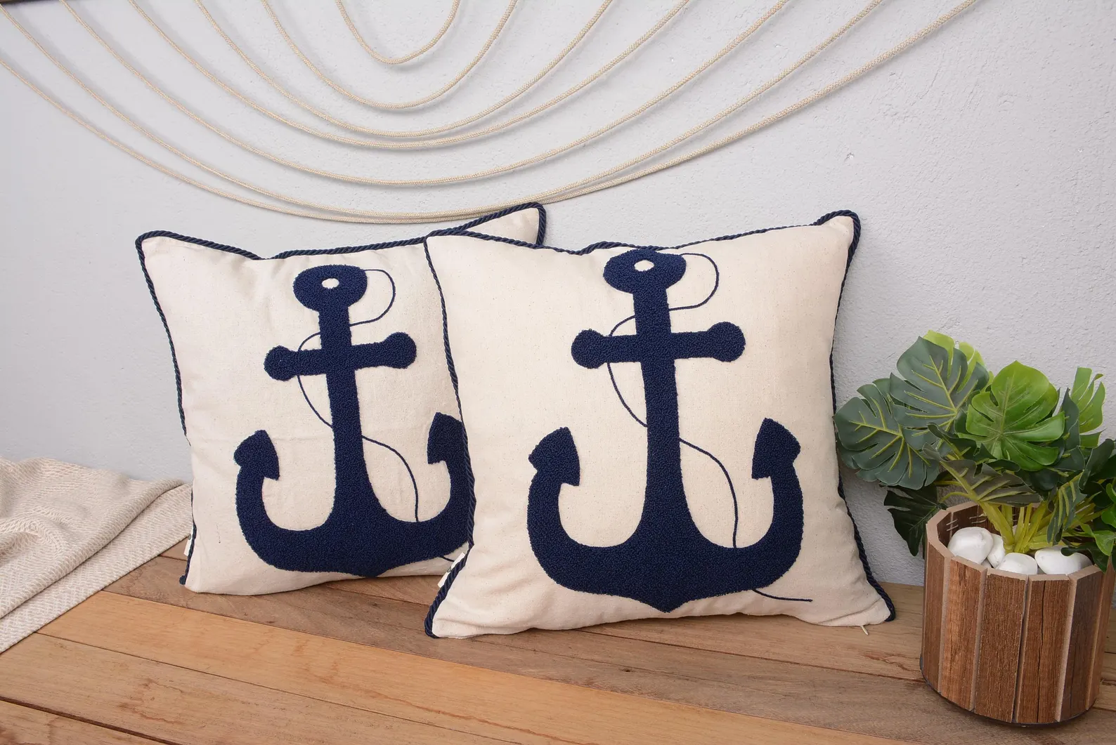 Navy Anchor Pillow Cover — 16x16 Nautical Cushion