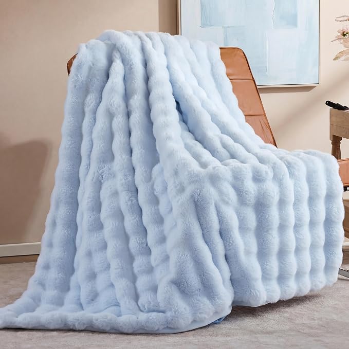 Smoofy Light Blue Faux Rabbit Fur Bubble Throw 50" × 60"