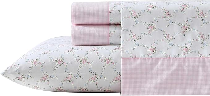 Pink Floral Trellis & Gingham Border Cotton Sheet Set
