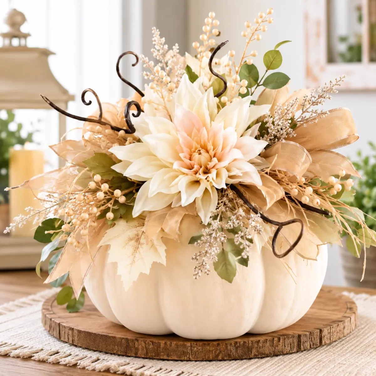 Neutral Floral Pumpkin Centerpiece — Handmade Fall Table Arrangement