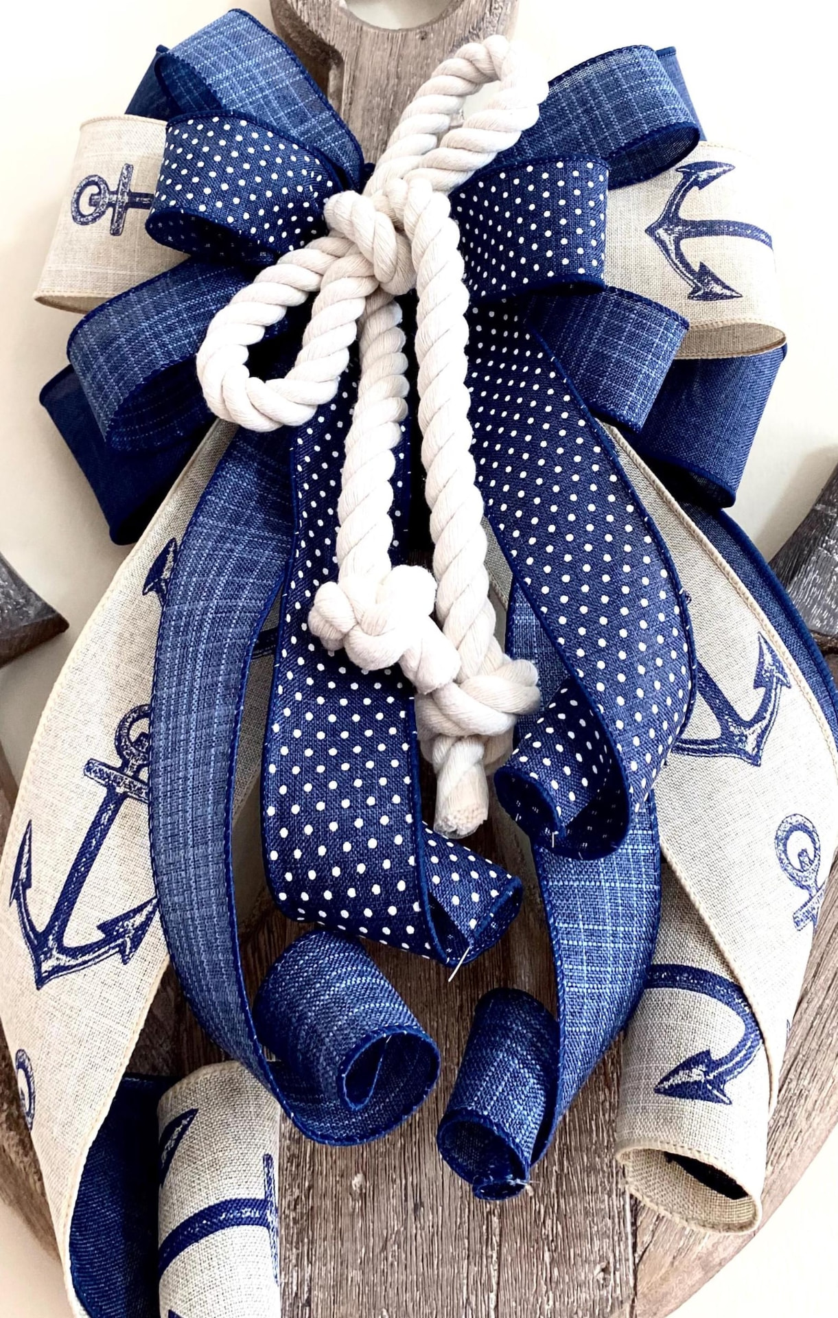 Nautical Bow Navy Blue Linen Anchor Wreath — Front Door Rope Wreath