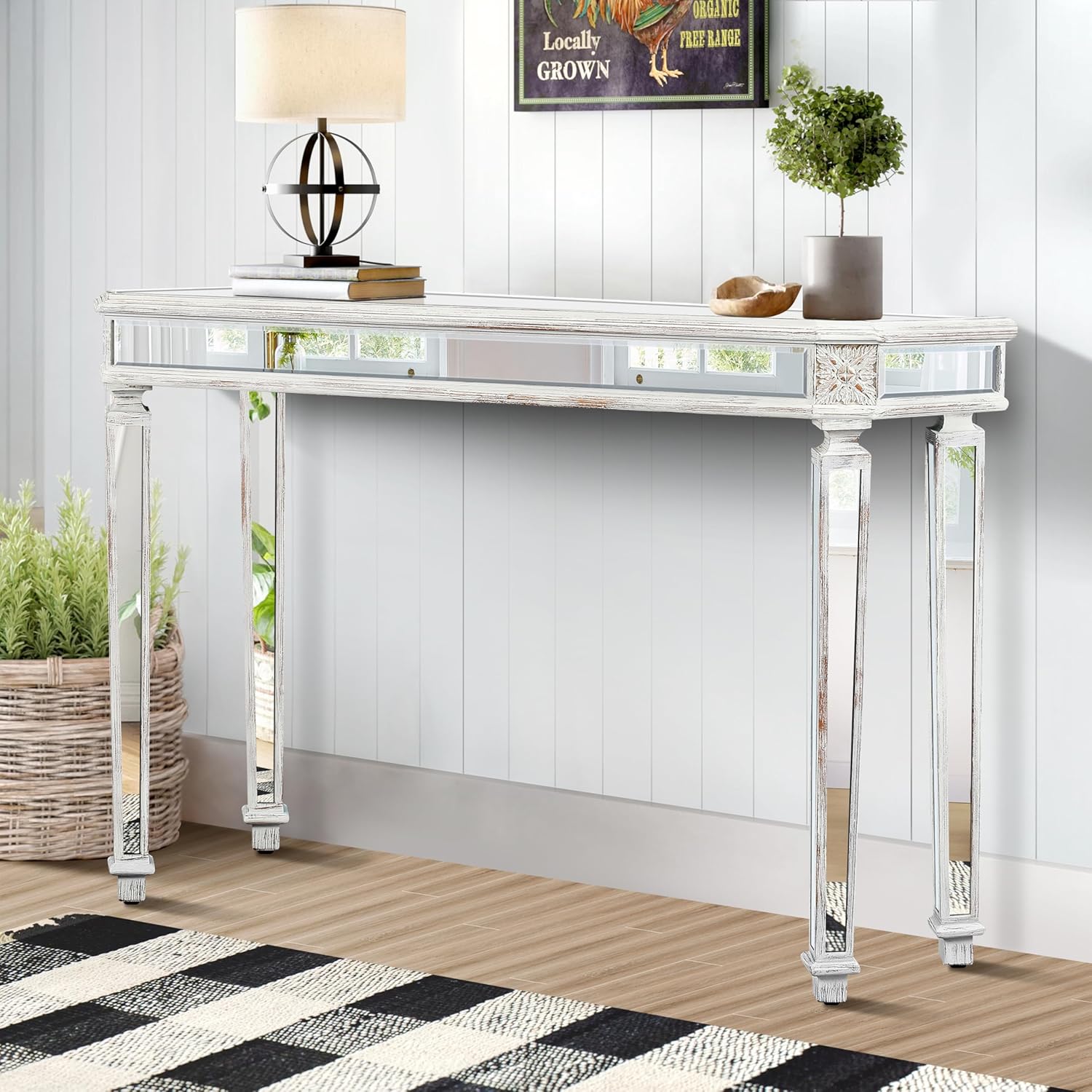KUVADAZ Mirrored Console Table — Whitewashed Entryway Table