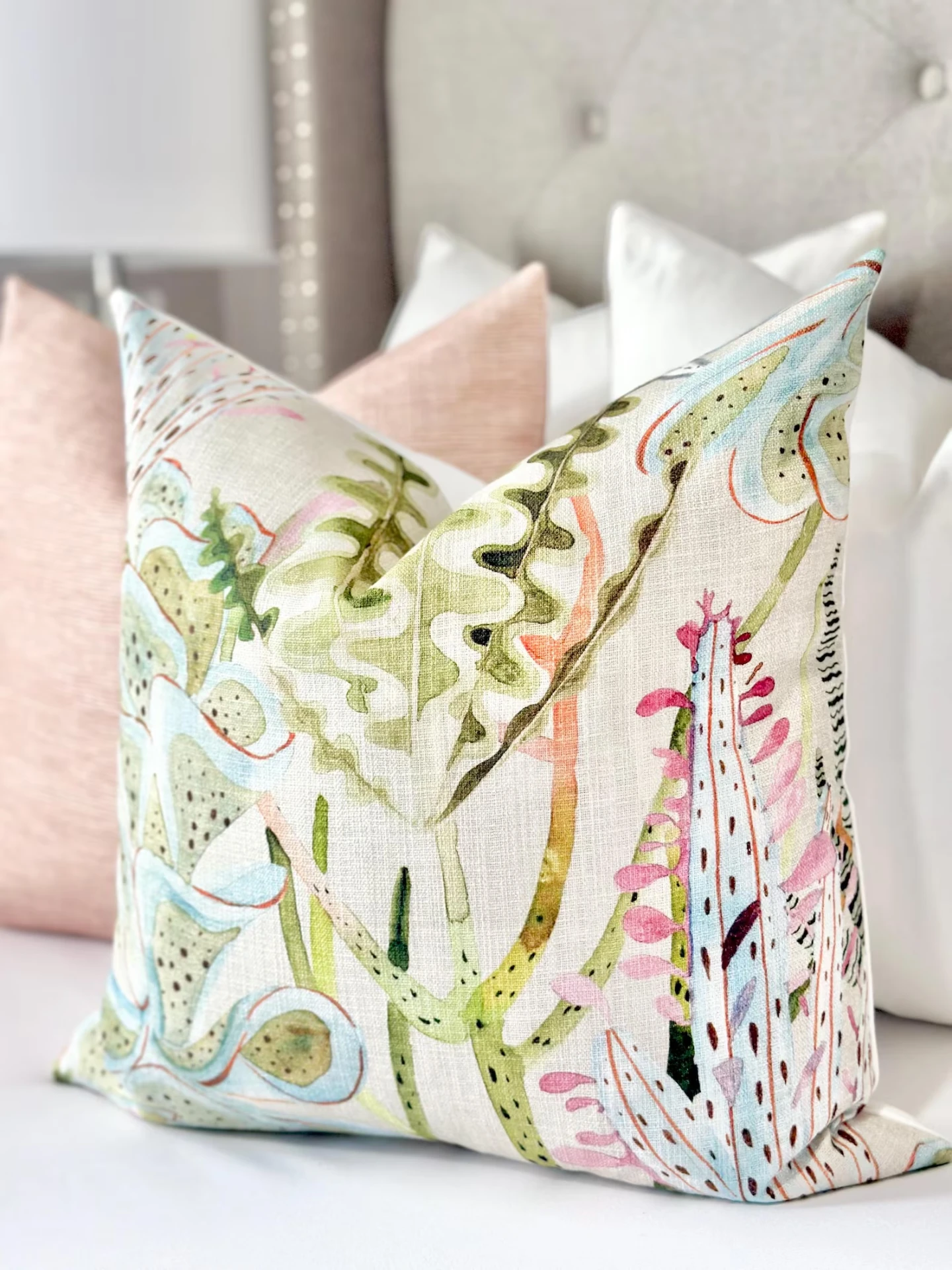 Pastel Coral Linen Throw Pillow Cover — Blush Watercolor Floral Print