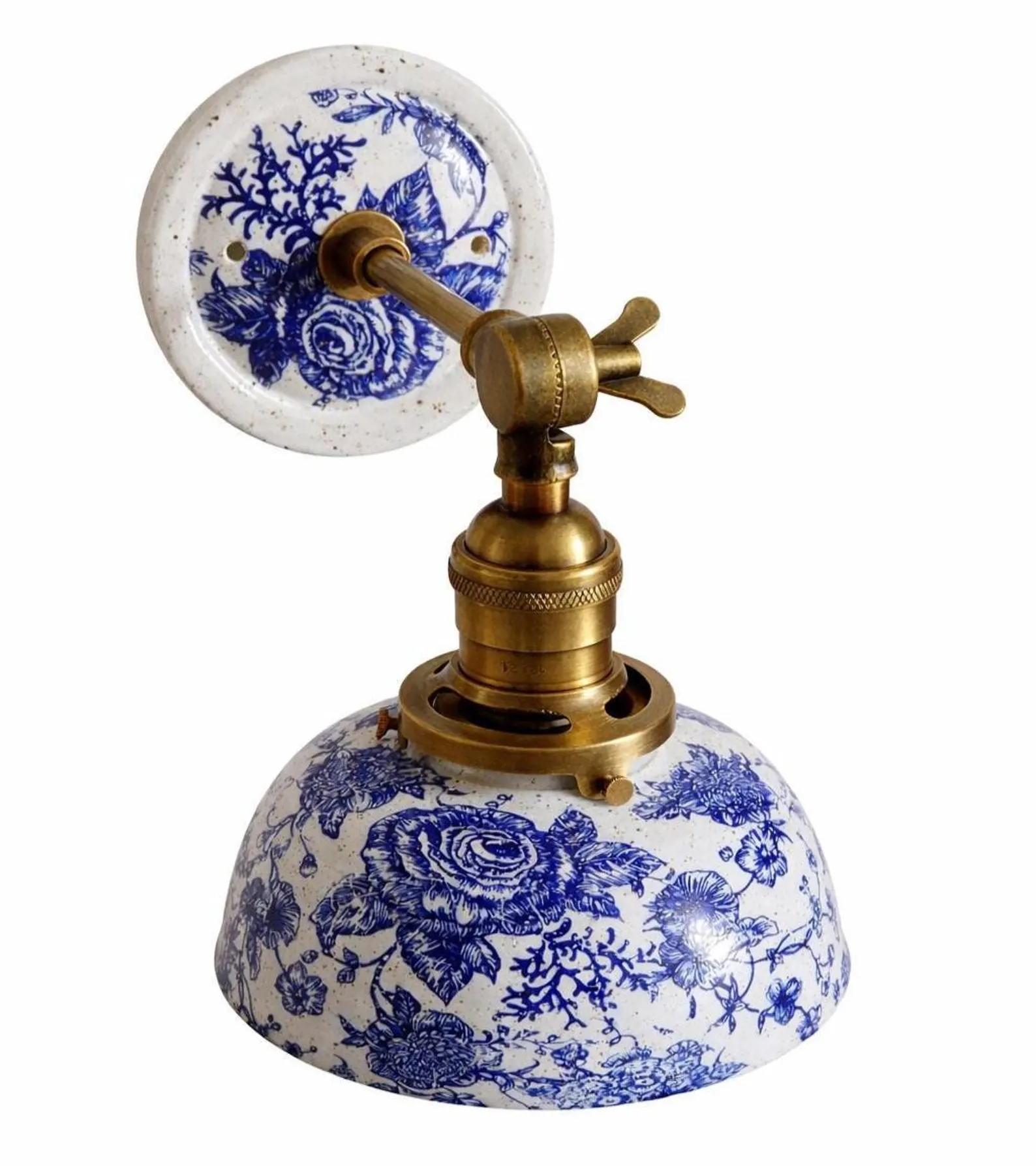 French Country Blue Floral Ceramic Wall Sconce — Vintage Brass