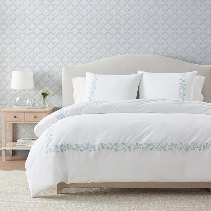 Blue Embroidered Floral Vine Duvet Cover Set — Crisp White Cotton