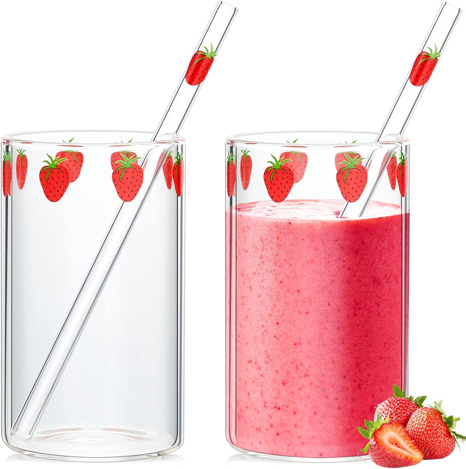 Strawberry Glass Tumblers with Glass Straws (Set of 2)