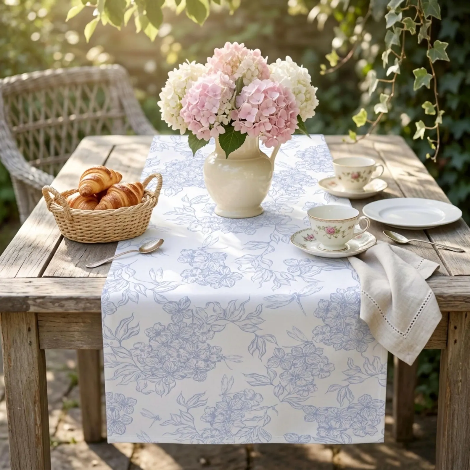 Blue Hydrangea Table Runner — Cotton Floral Table Linen