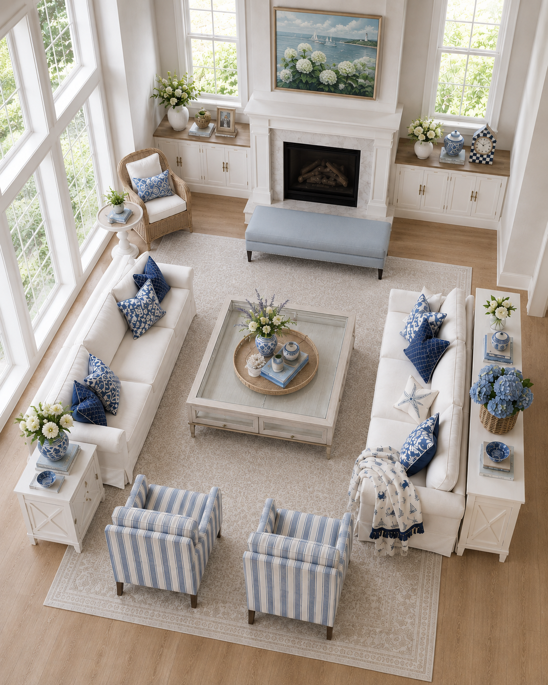 Blue and white coastal living room seen from above with two ivory slipcovered sofas facing each other, blue chinoiserie and trellis pillows, a whitewashed glass display coffee table with a wicker tray and ginger jar of hydrangeas, blue striped accent chairs, a wicker armchair, a light blue tufted bench at the marble fireplace, ivory X-side end tables, a hydrangea and sailboat painting, and blue and white porcelain throughout.