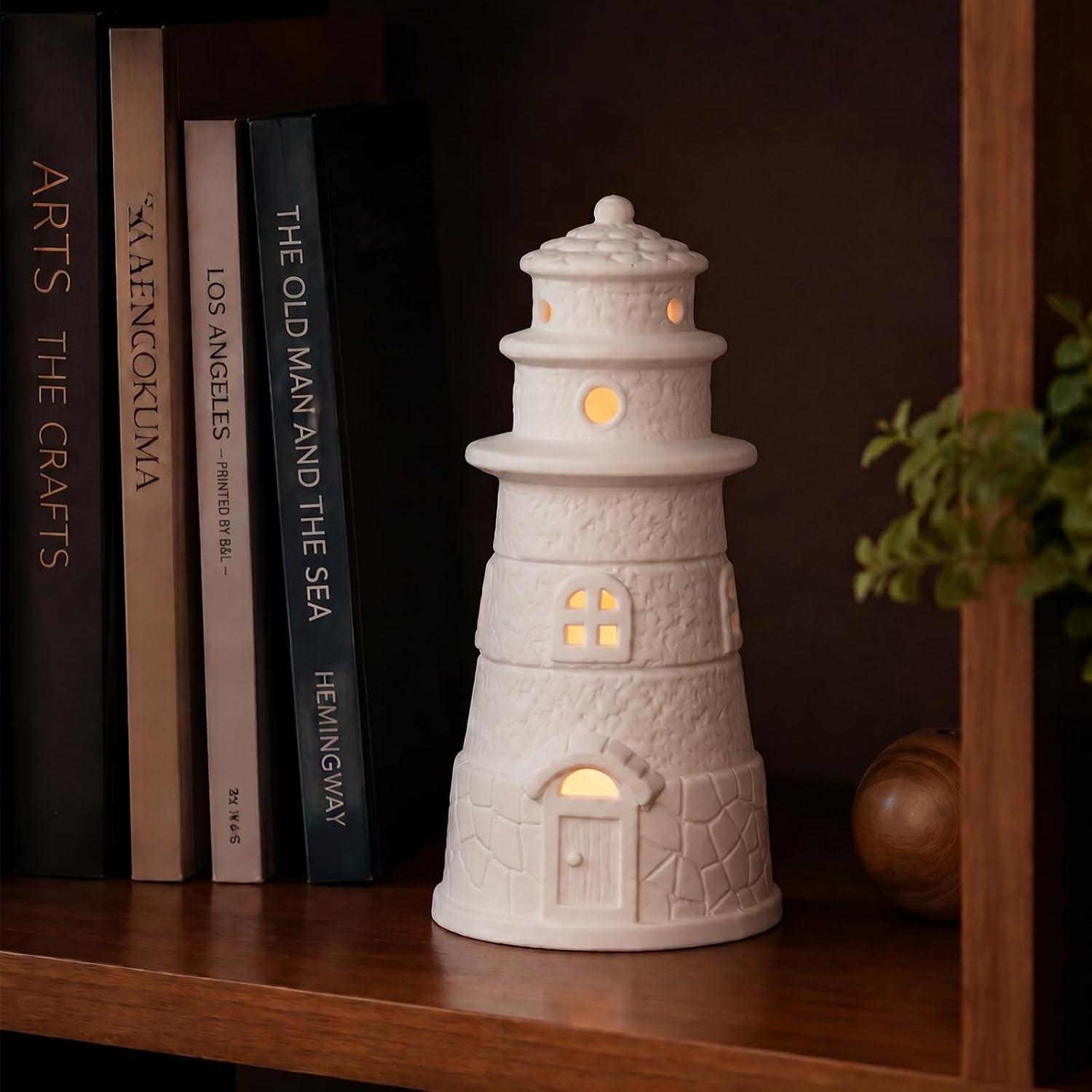 Ceramic Lighthouse Shelf Decor with Warm Light, 6.3"