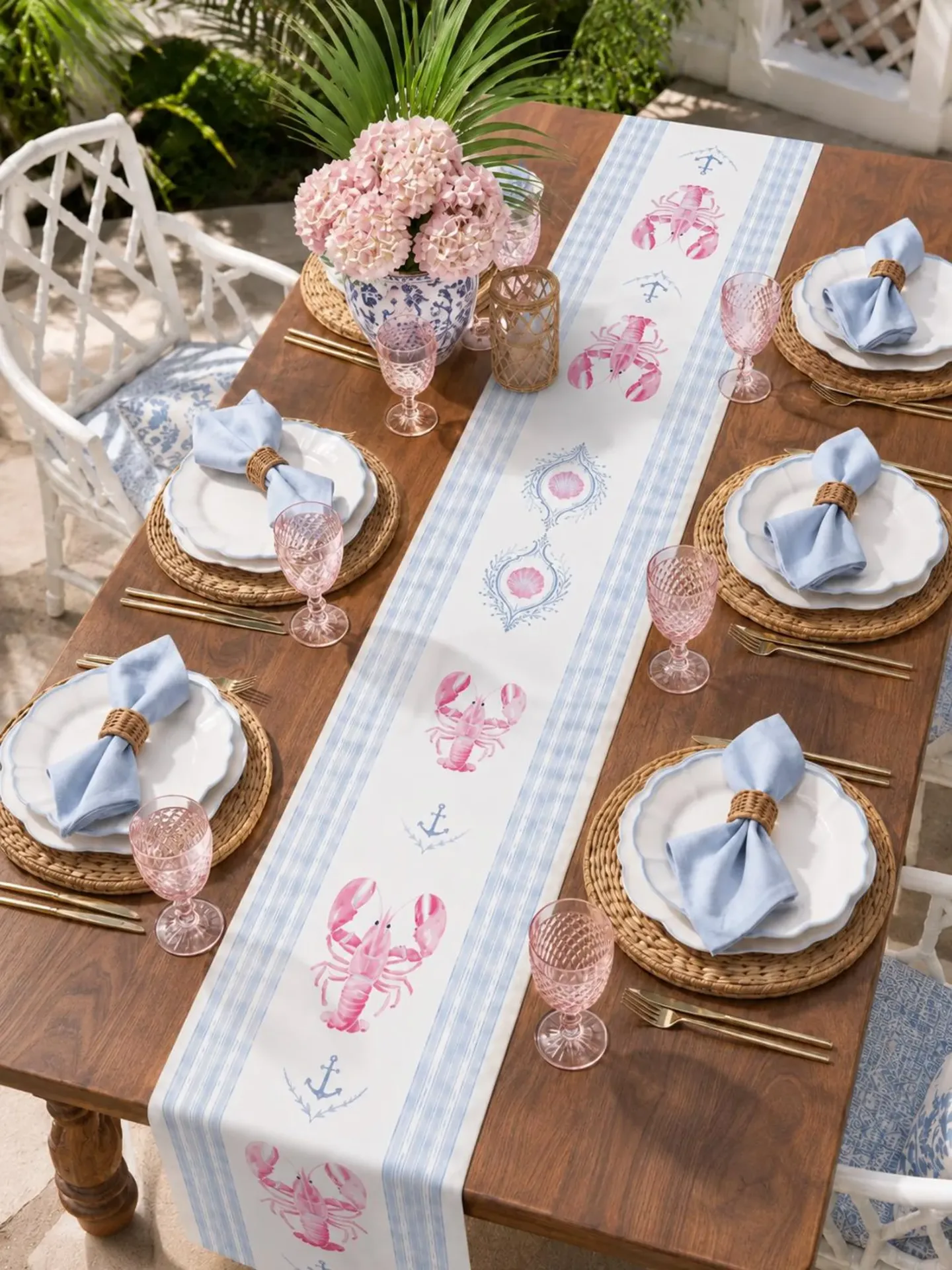 Pink Lobster & Blue Stripe Cotton Table Runner — Coastal Tablescape