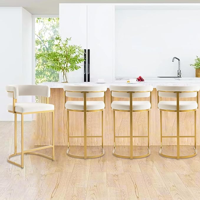 Cream Velvet Counter Stools with Gold Metal Base (Set of 4)