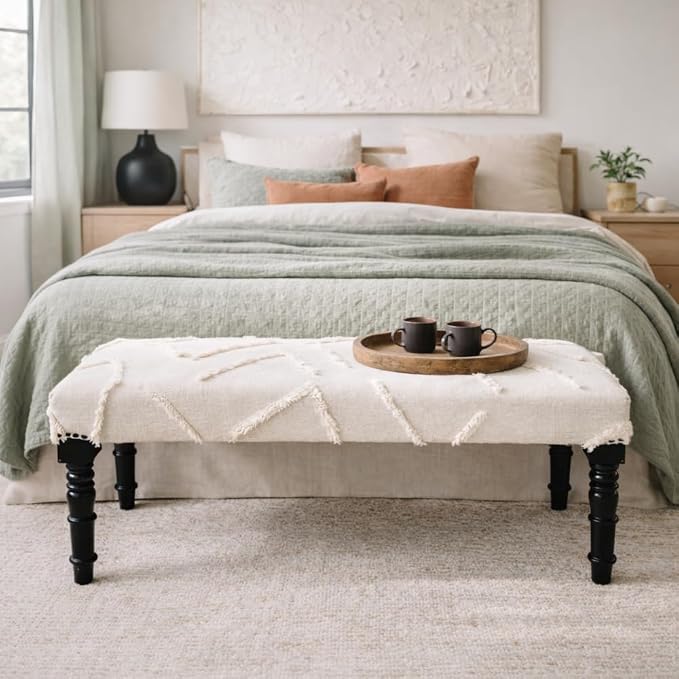 LR Home Off-White Tufted Upholstered Accent Bench — 47"