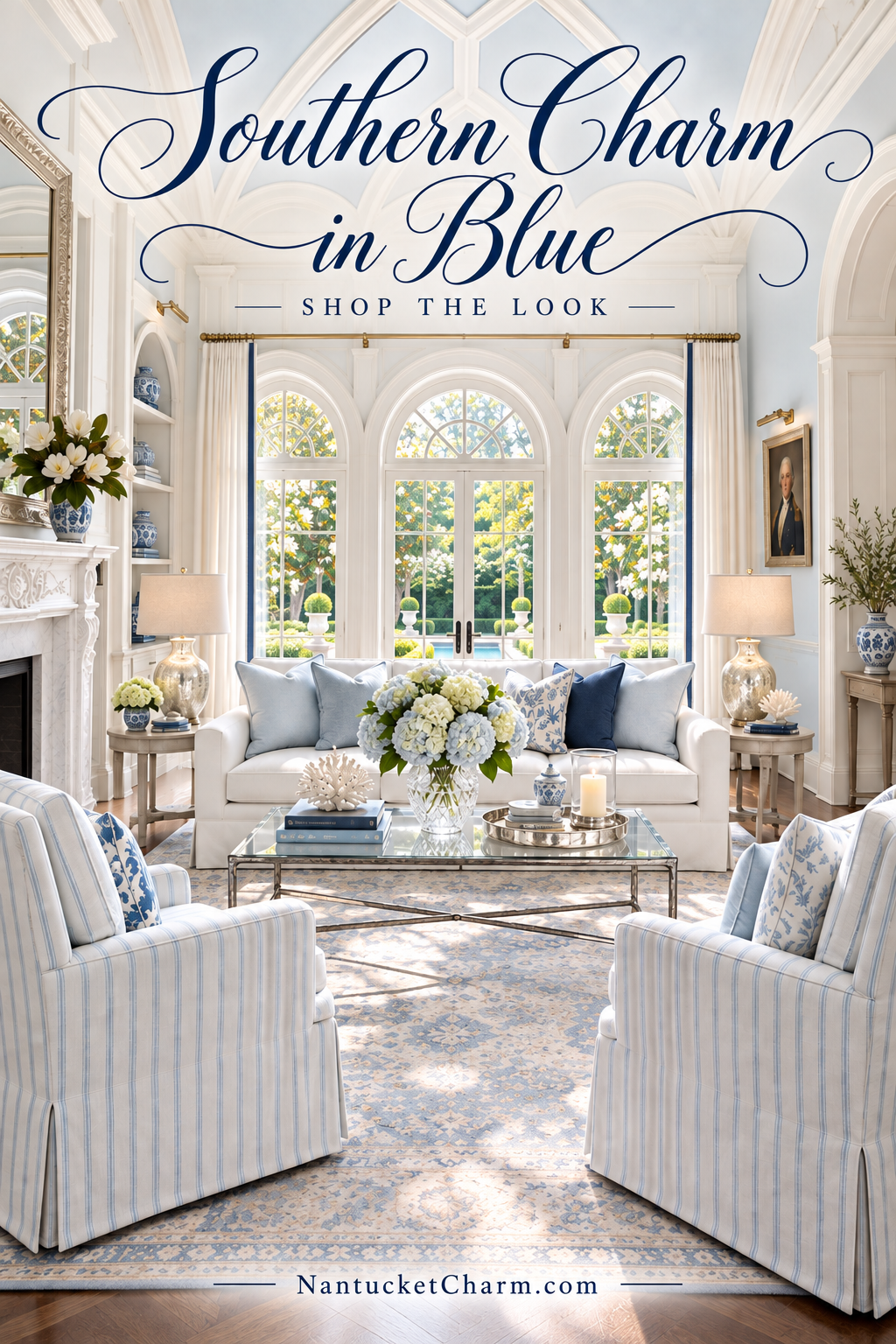 Gracious blue-and-white living room with pale blue walls, arched windows, ivory sofa, blue-and-white striped slipcovered chairs, glass coffee table with blue hydrangeas, gold gourd lamps, marble fireplace and a faded blue floral rug.