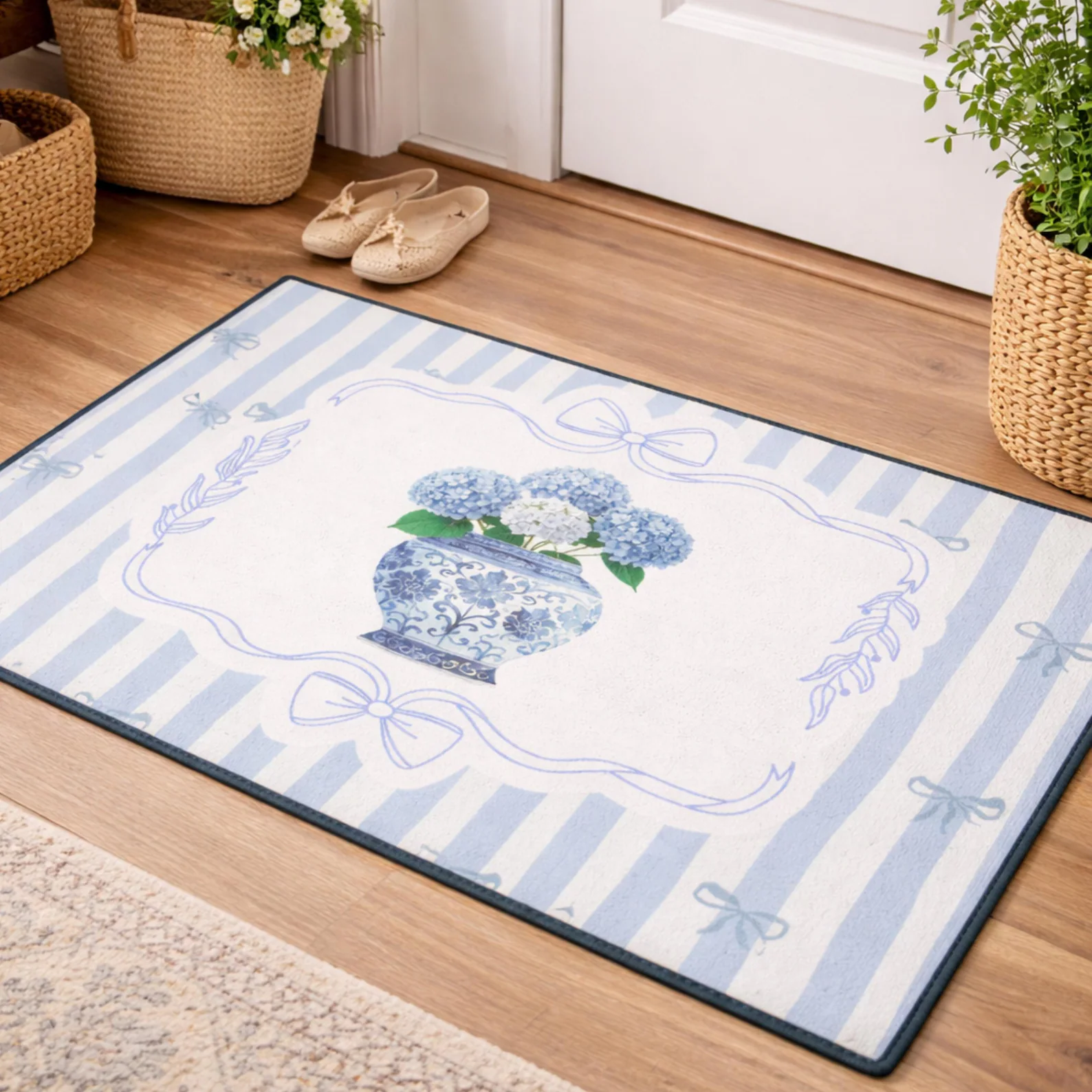 Blue Hydrangea Chinoiserie Vase Striped Doormat