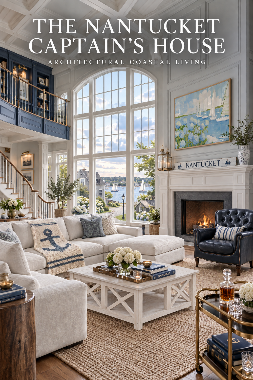 Nantucket captain's house great room with an ivory sectional, navy tufted leather chair, white cross-brace coffee table, woven rug, anchor throw, brass bar cart and harbor view.