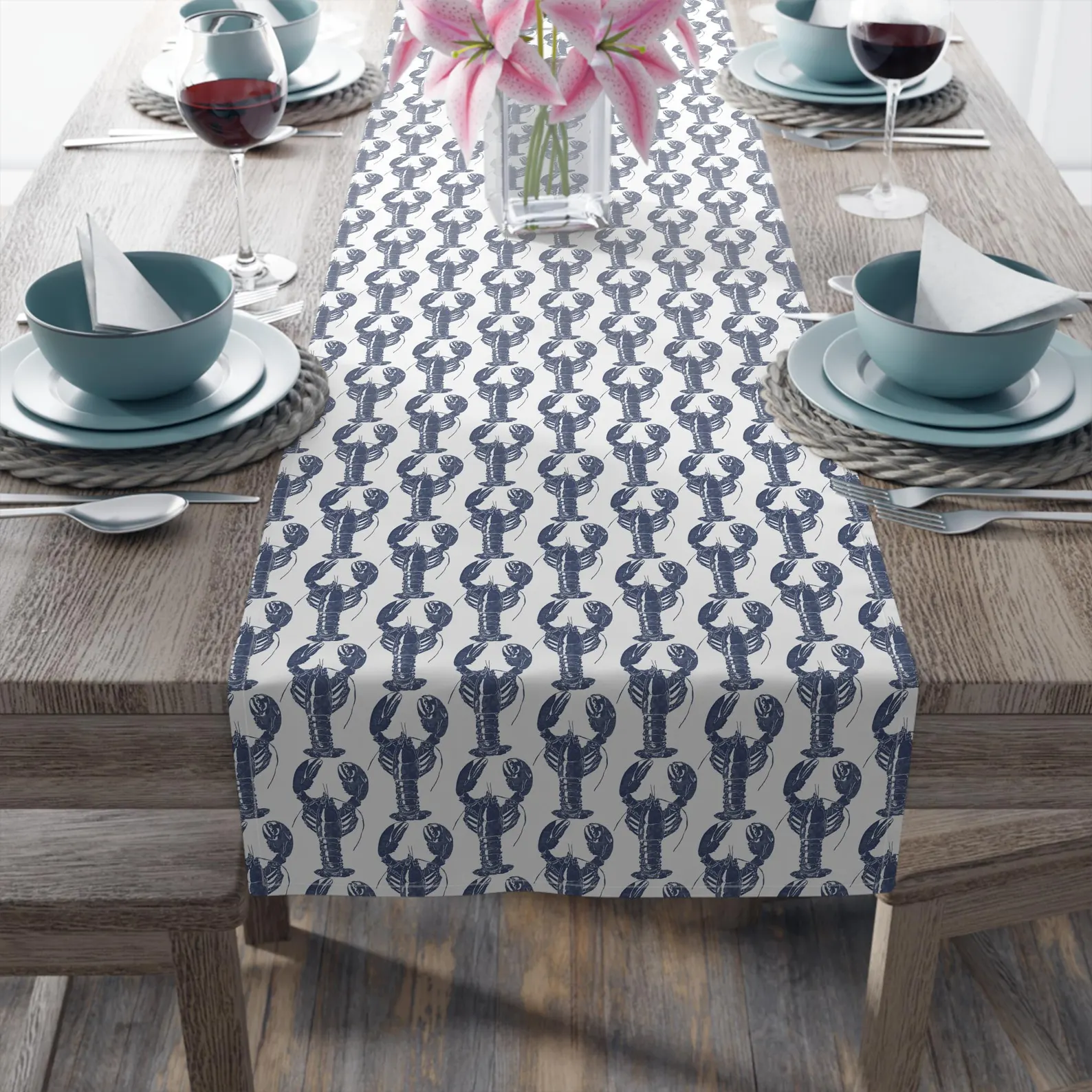 Navy Lobster Nautical Table Runner — New England Coastal