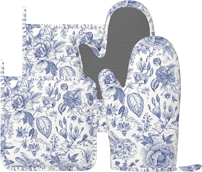 Blue Floral Toile Oven Mitt & Pot Holder Set
