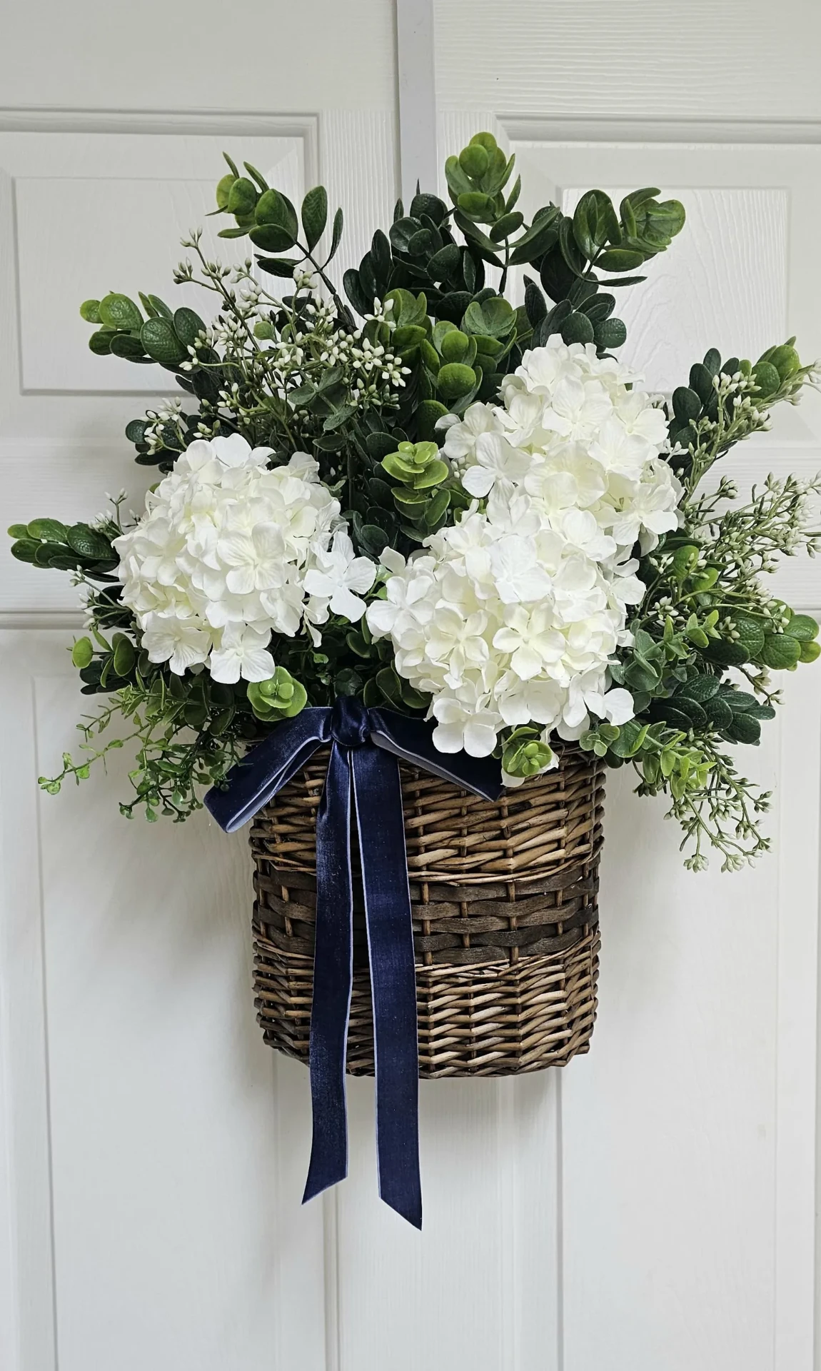White Hydrangea Door Basket with Navy Velvet Bow — Summer Cottage Hanger