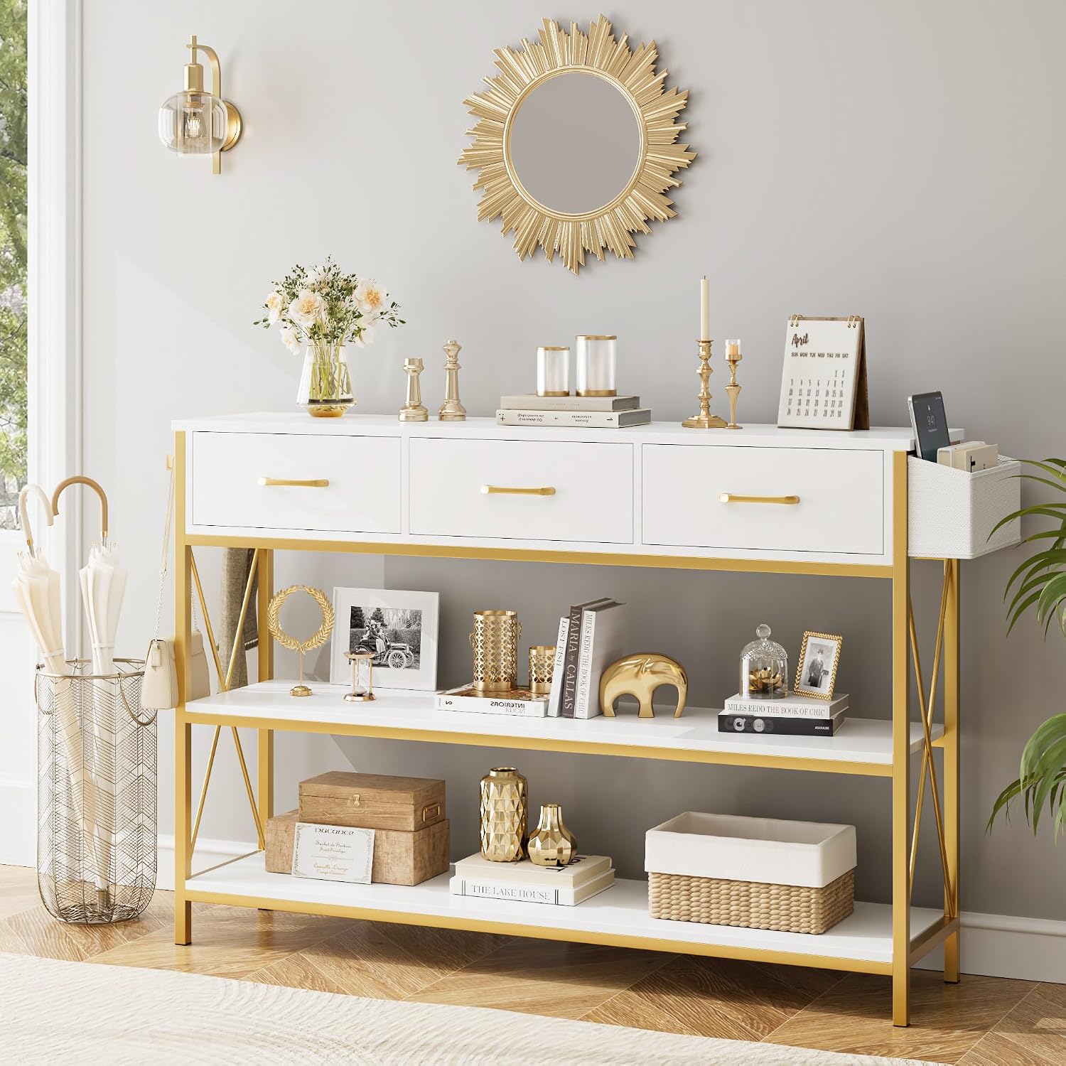 HITHOS Gold Console Table with Storage, 47.2" Entryway Table, White