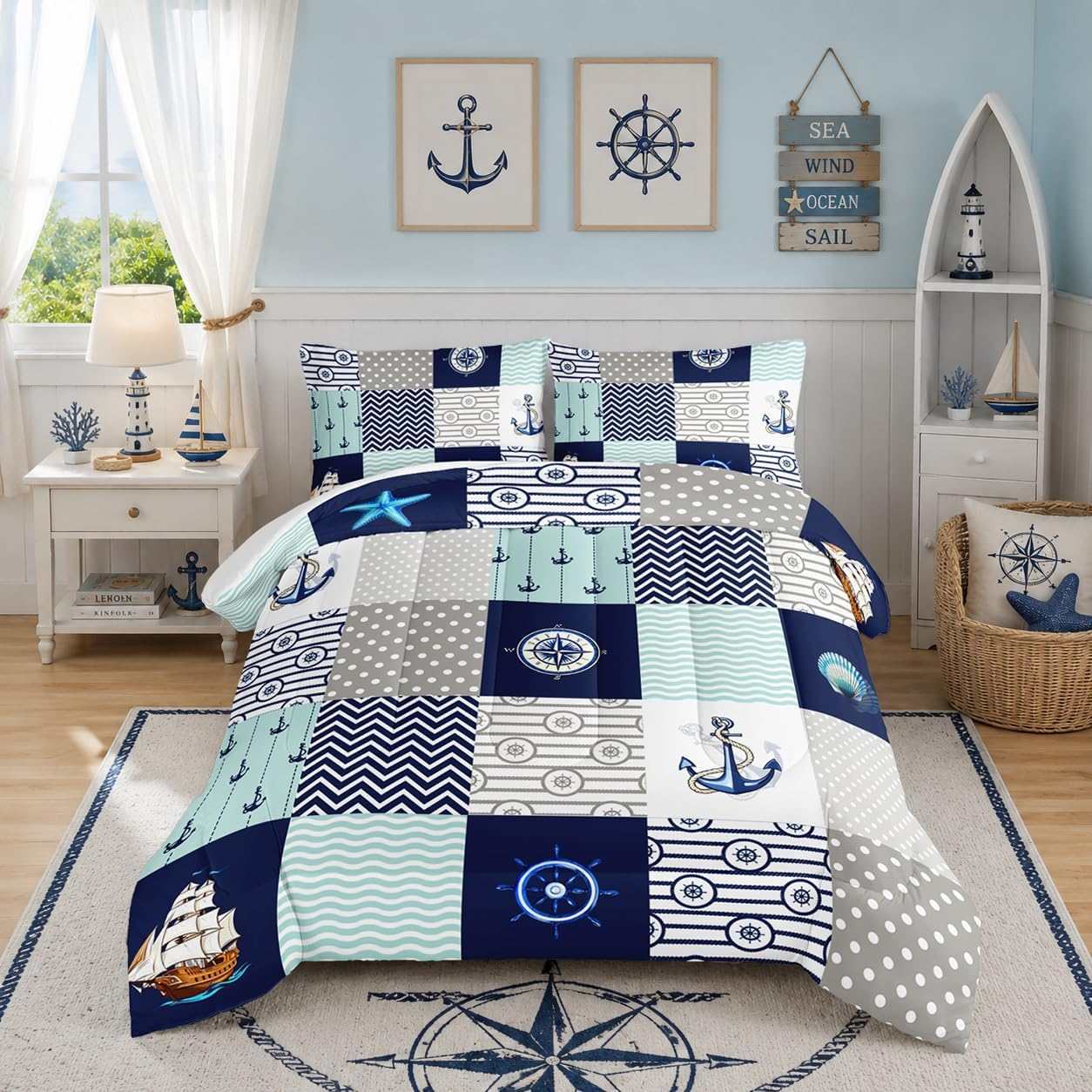 Nautical Patchwork Sailboat & Compass Comforter Set