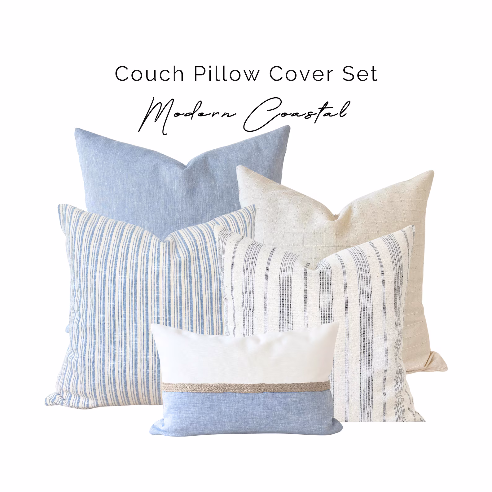 Modern Coastal Light Blue & Cream Stripe Pillow Cover Set with Jute Lumbar