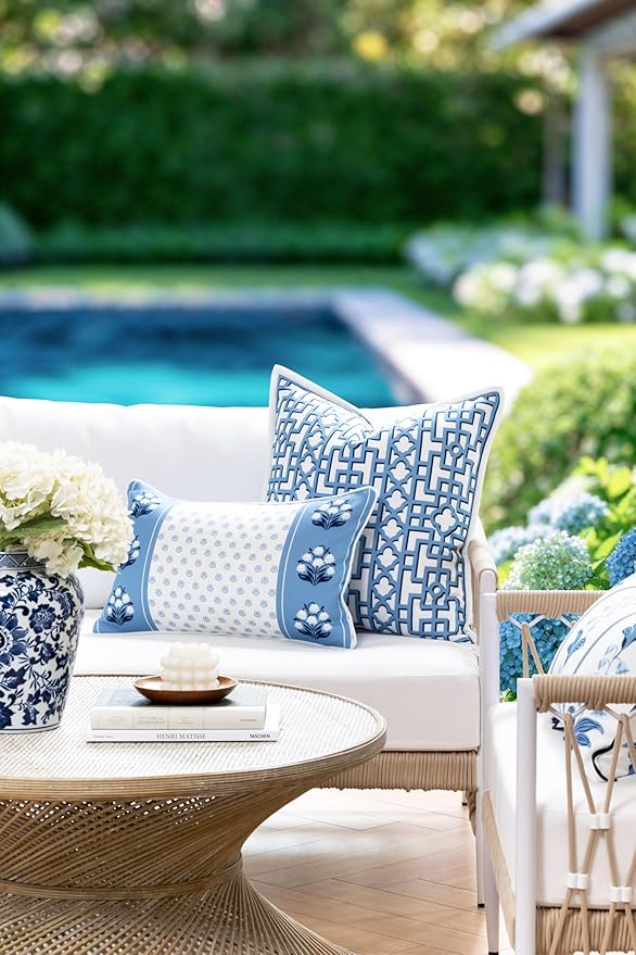 Blue & White Trellis Pillow Cover Set — Coastal Chinoiserie