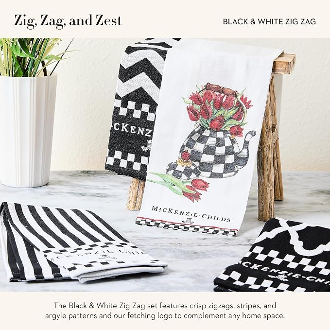 MacKenzie-Childs Cotton Dish Towels — Black & White Zig Zag (Set of 3)