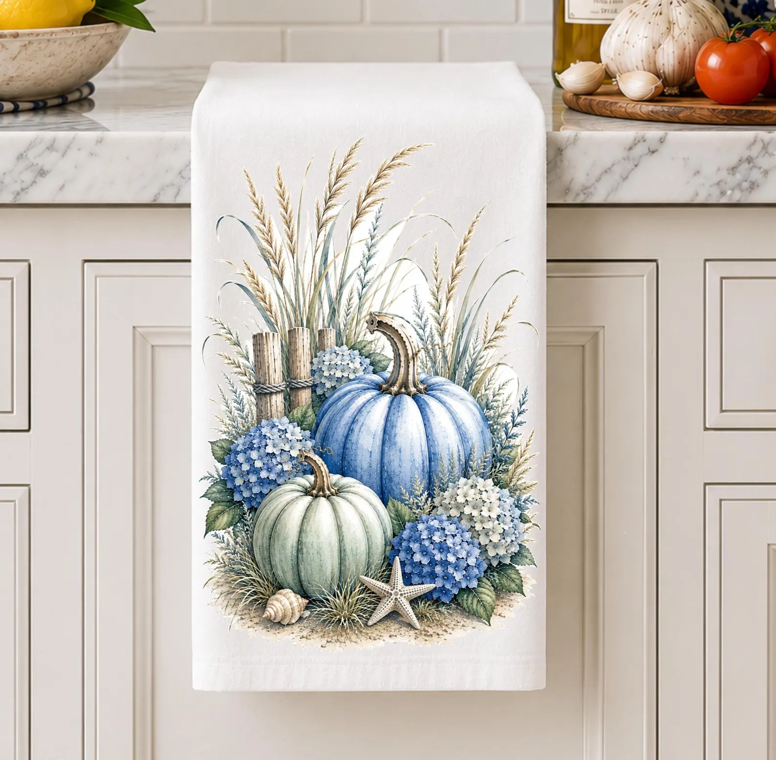 Coastal Blue & Green Pumpkin Tea Towel — Hydrangeas, Dune Grass & Shells