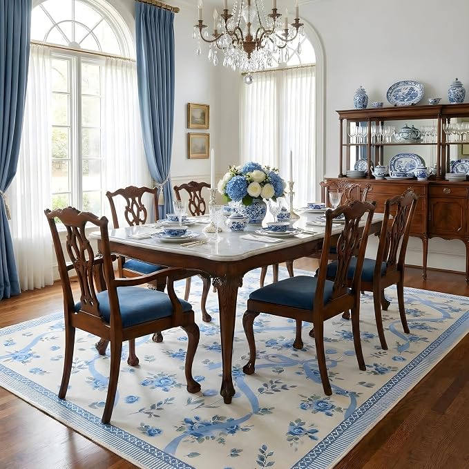 Blue Floral Medallion Area Rug — Ivory Traditional Coastal