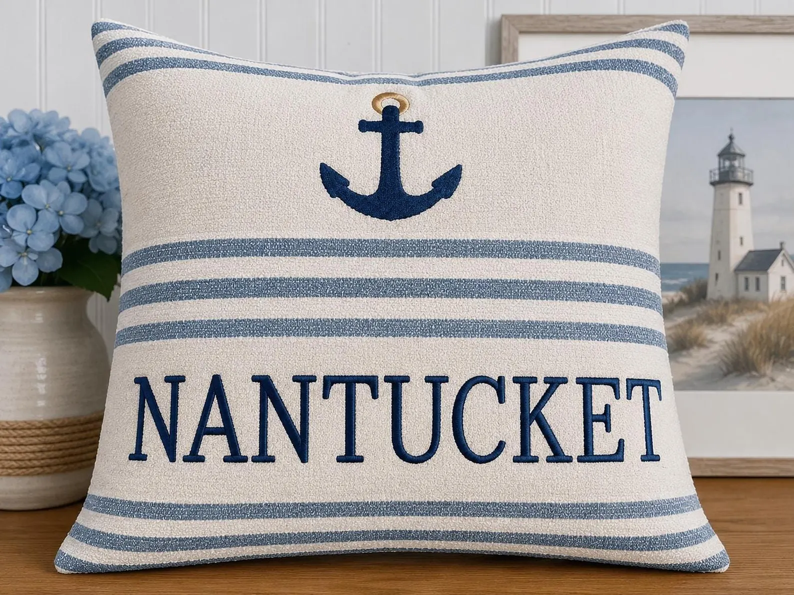 Embroidered NANTUCKET Anchor Grain-Sack Stripe Pillow (18x18)