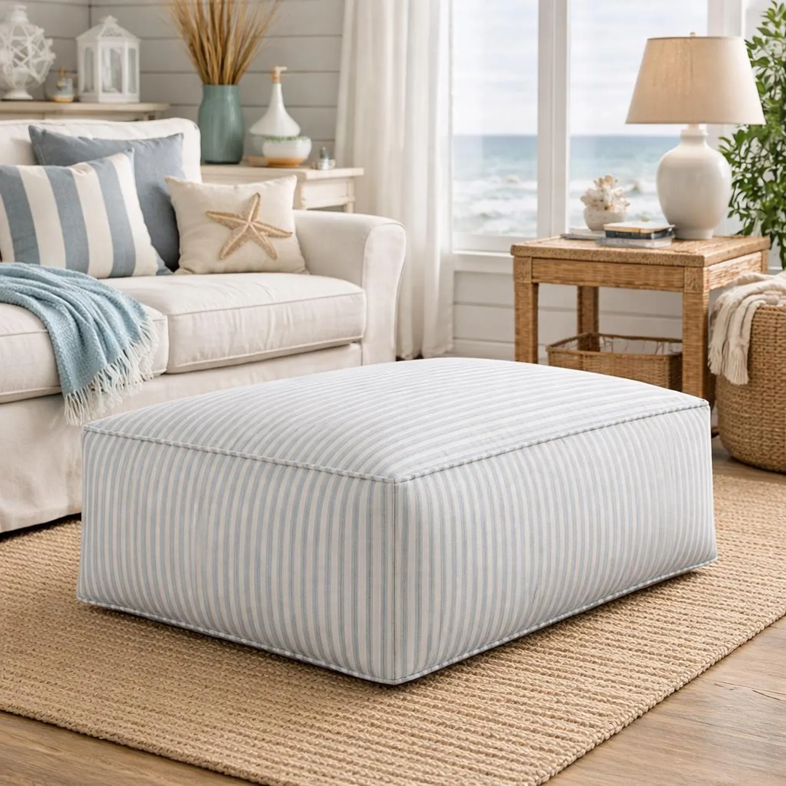Large Rectangle Striped Blue Pouf Ottoman — Ticking Stripe