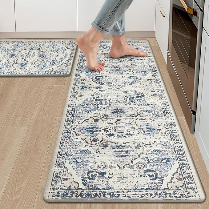 Anti-Fatigue Blue Oushak Kitchen Mat Set of 2 — Cushioned Waterproof Runner