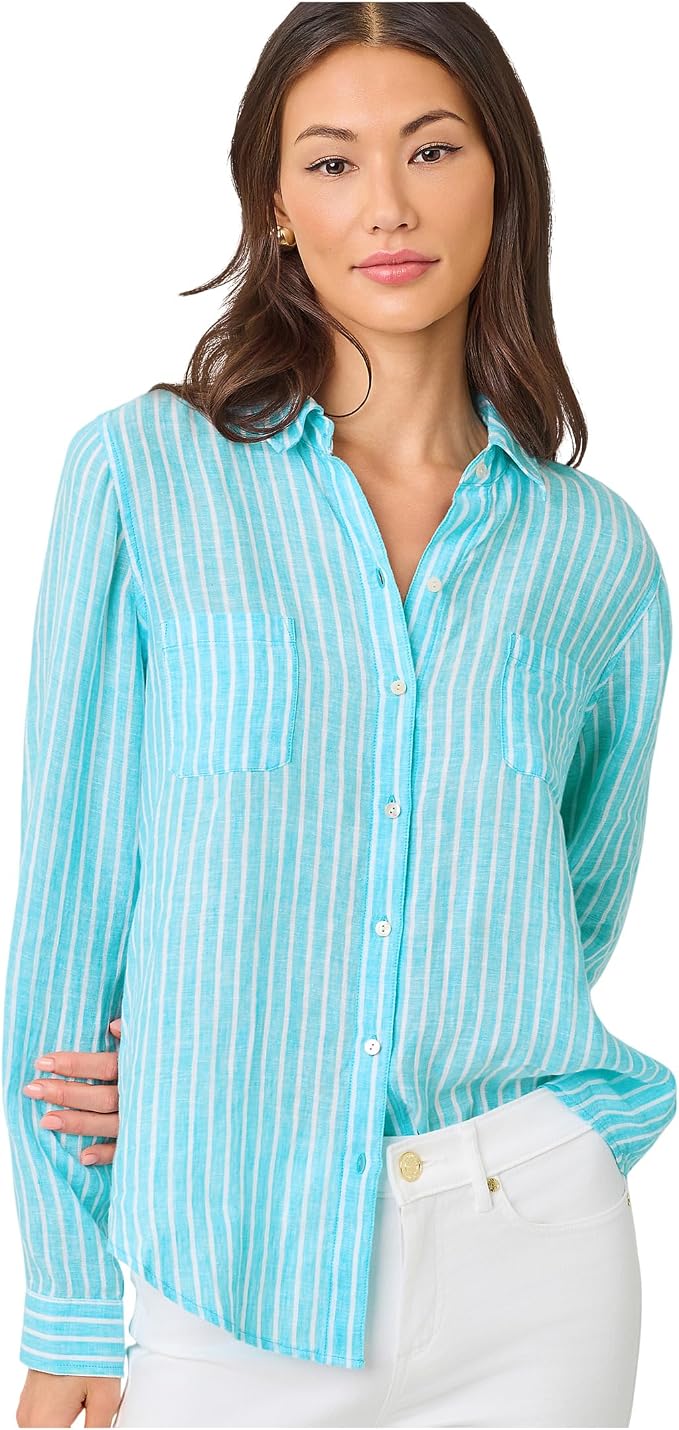 Turquoise Stripe Linen Long-Sleeve Button-Down Shirt