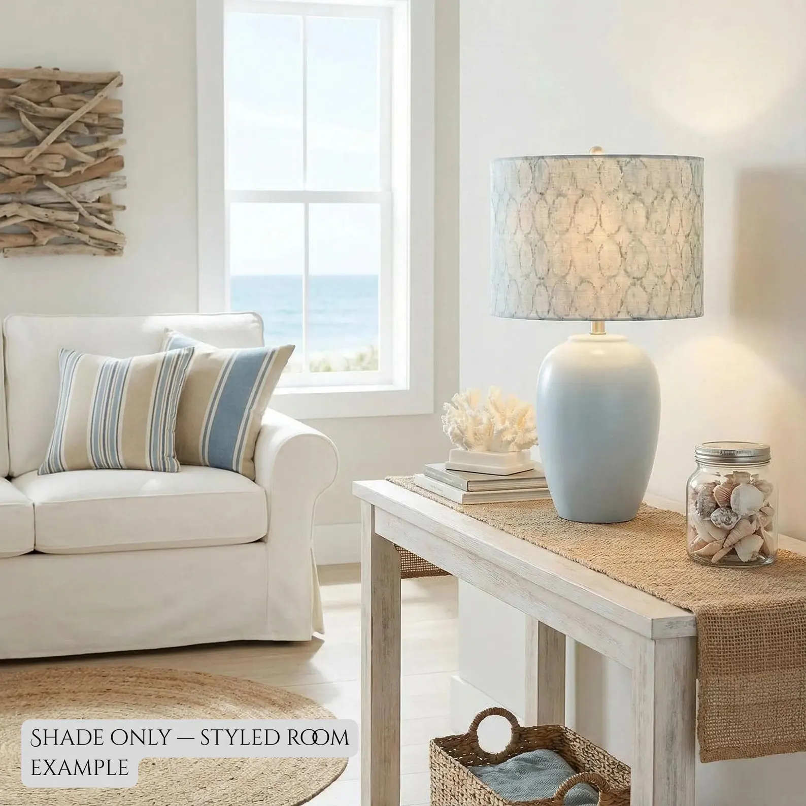 Coastal Seaglass Drum Lampshade — Soft Blue & Ivory Ogee Pattern