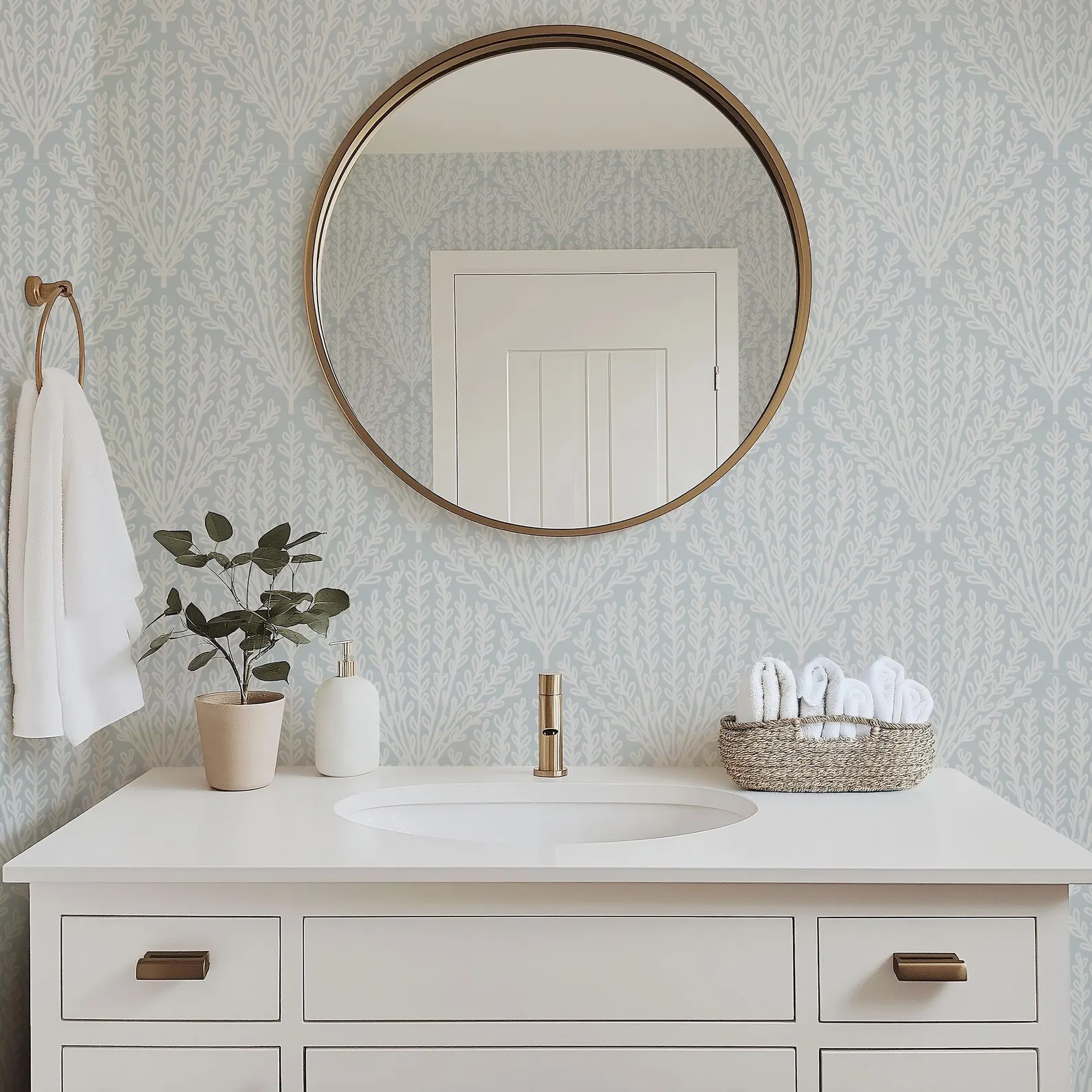 Boho Coastal Sea Fern Peel & Stick Wallpaper — Soft Blue Gray