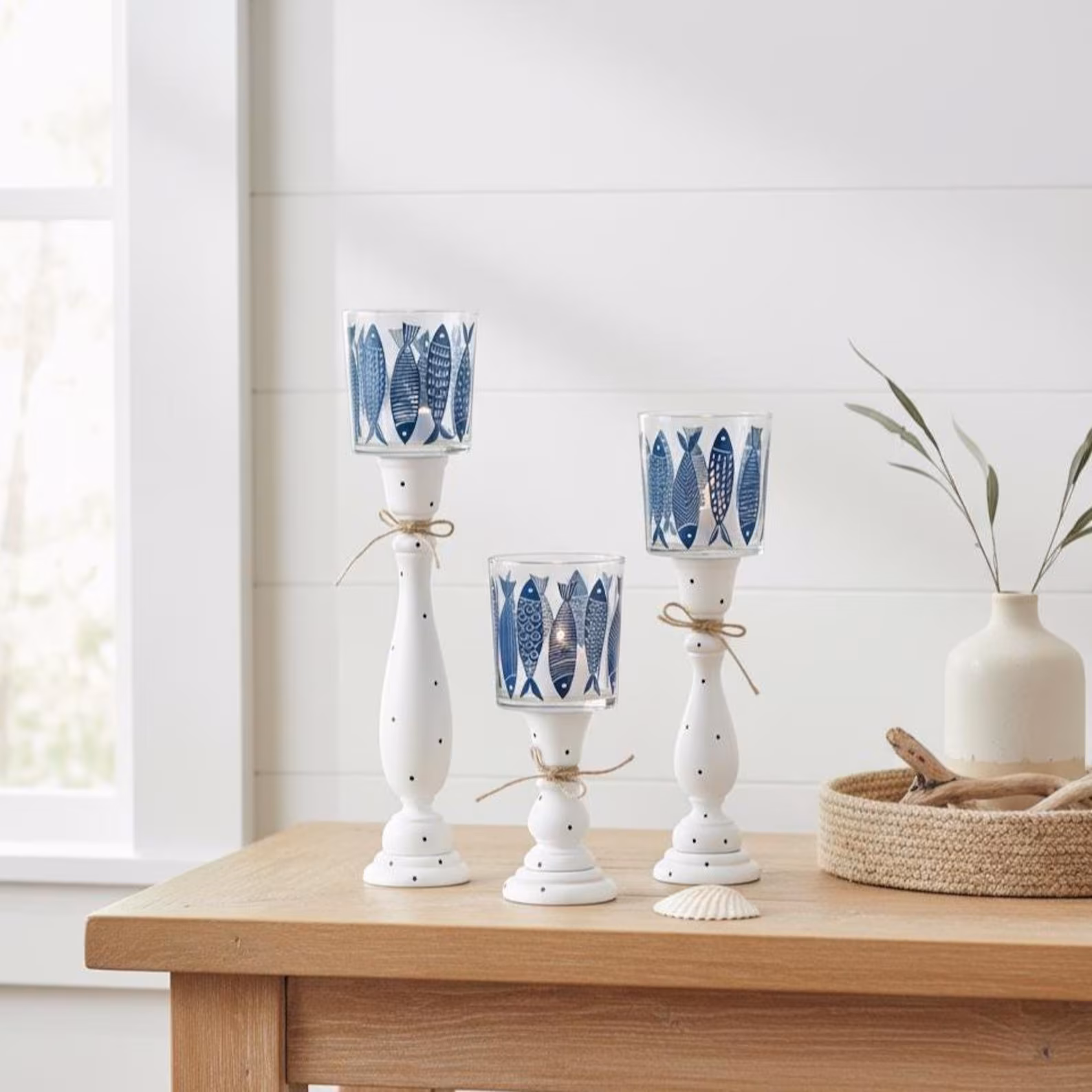Coastal Fish Candle Holders — Blue & White Ceramic Set