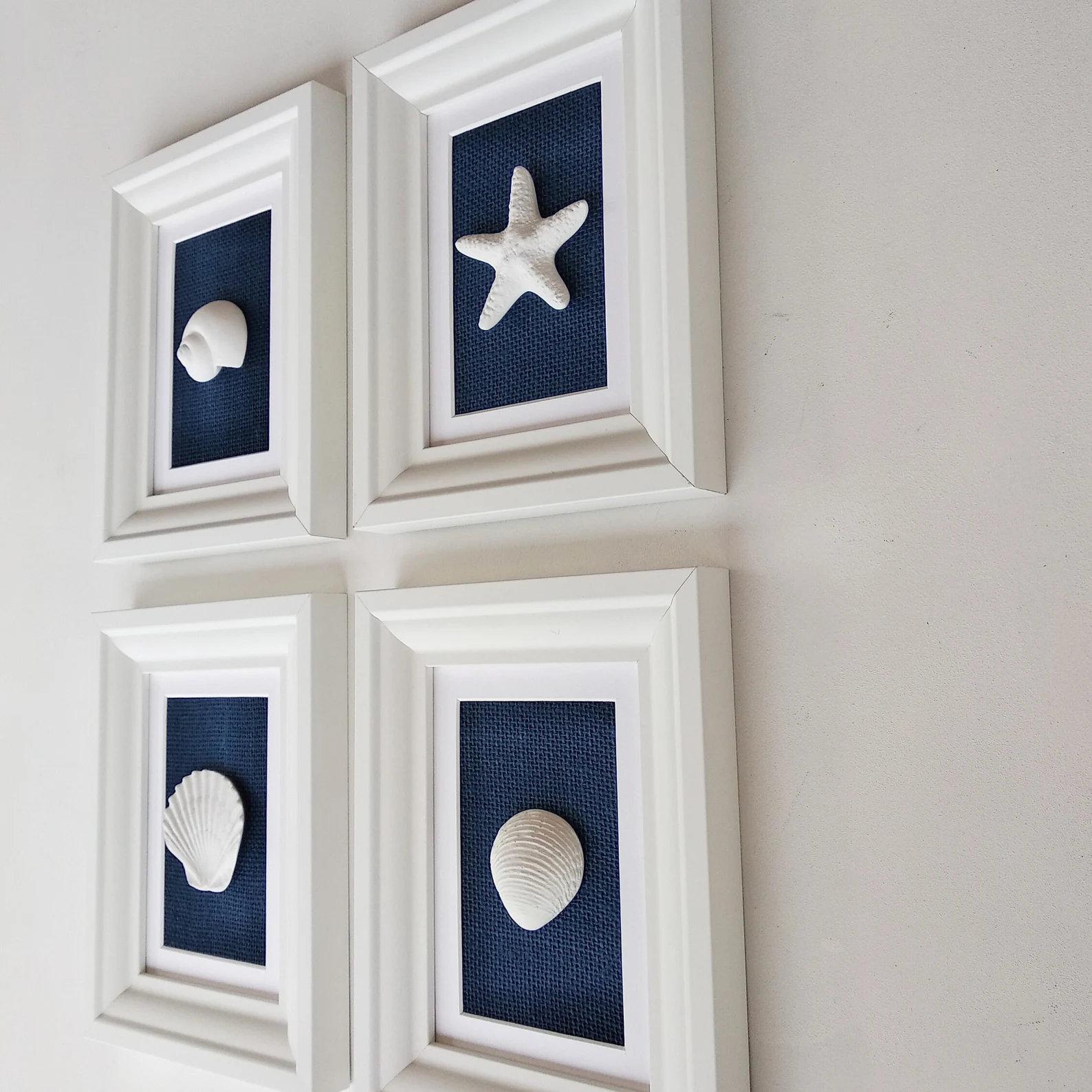 Navy Blue Framed Seashell Wall Art — Set of Four Originals