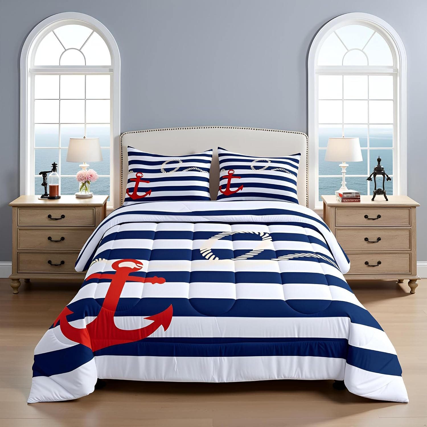 Nautical Anchor & Rope Knot Stripe Comforter Set