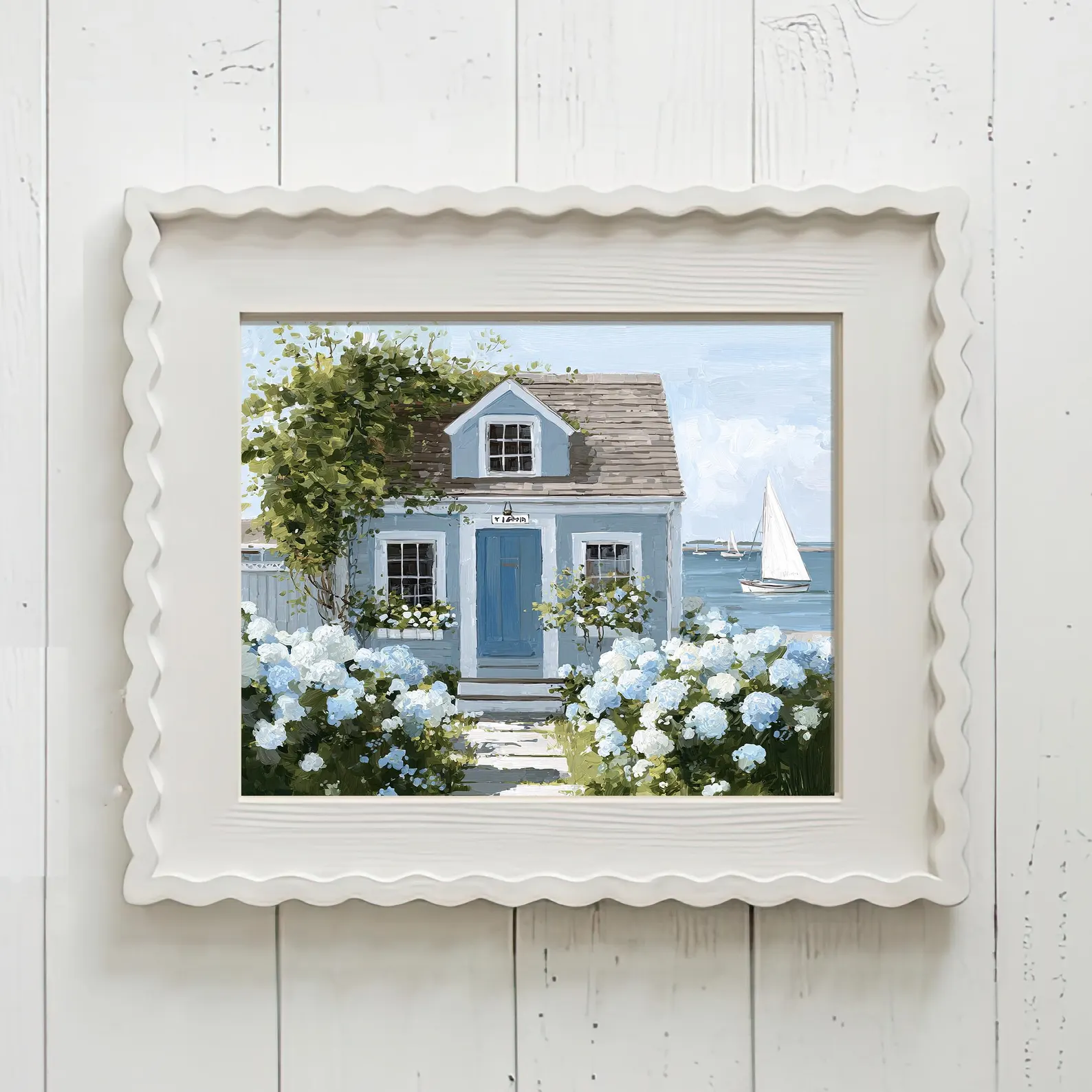 Nantucket Cottage Print — Blue Hydrangeas